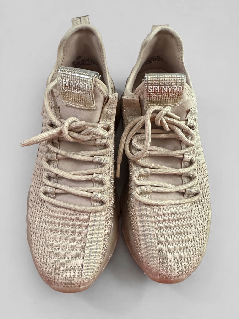 Steve Madden Knit Lace-Up Sneakers in Light Beige with Subtle Shimmer